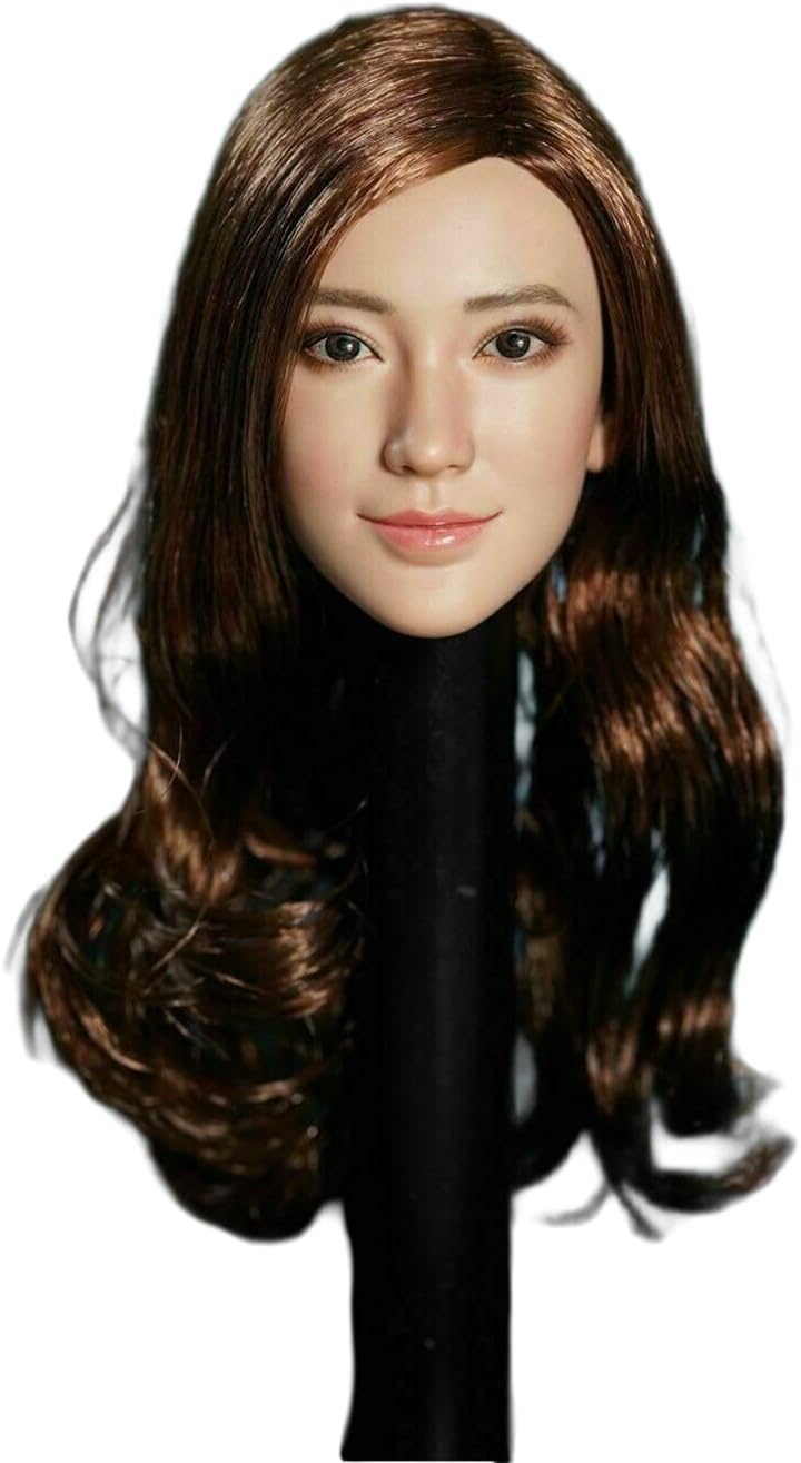 1/6 Scale Female Head Sculpt, Asian Girl Smile Expression Suntan Skin Head Carved for 12inch Female PH TBL JO Action Figure Body Collection (Brown Straight Hair)