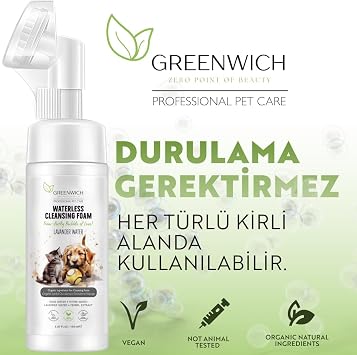 Greenwich Organik İçerikli Kedi Köpek Temizleme Köpüğü 150 ml | Pati ve Vücut | Kuru Şampuan | Kaşıntı Tahriş ve Koku Giderici | Vegan