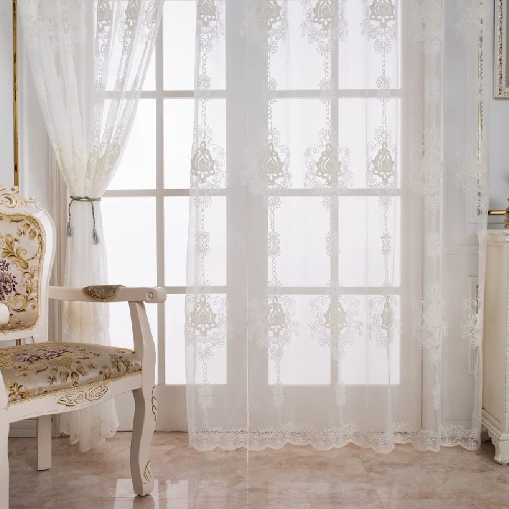 Amidoudou 1 Paar europäische Luxus-Tüllvorhänge für Wohnzimmer Schlafzimmer (weiß, 140 x 230 cm)