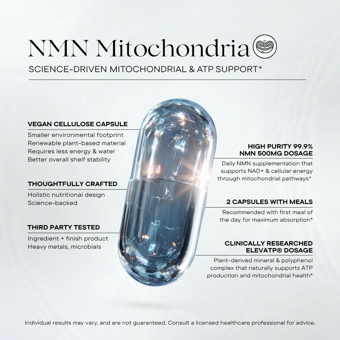 NMN Mitochondria Supplement - NMN 500mg, NAD+ & ATP Support for Cellular Vitality and Longevity - Clinically Tested elevATP, Resveratrol, CoQ10, Alpha Lipoic Acid - 90 Veggie Capsules — Amazon image 2