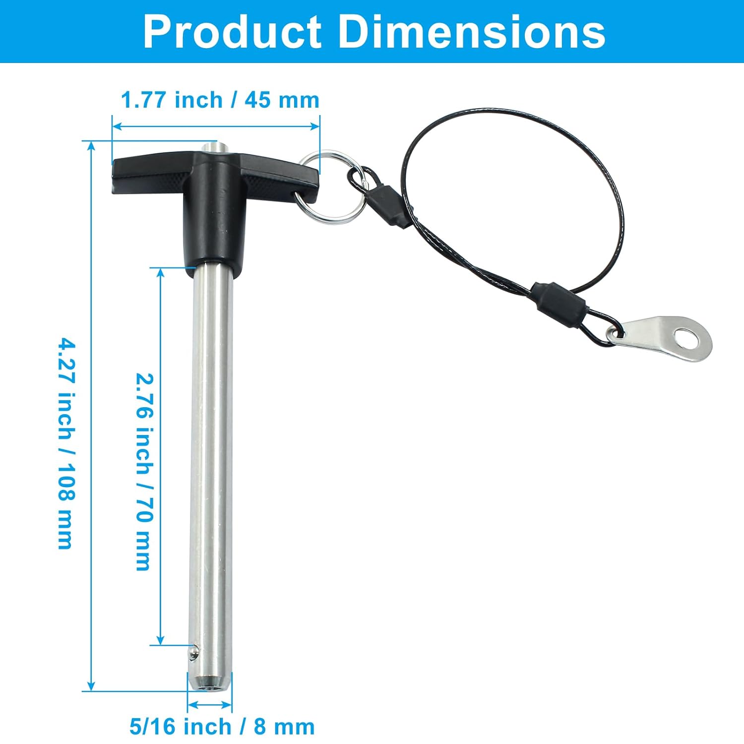 Condition photo showing New/Like New for HARSKIYER T Handle Quick Release Pin 3/8 Inch Diameter, 90 mm Working Length Push Button Locking Pin, Stainless Steel Ball Lock Pin with Lanyard Cable for Speaker, Industrial, Fixture 9.5mm x 90mm