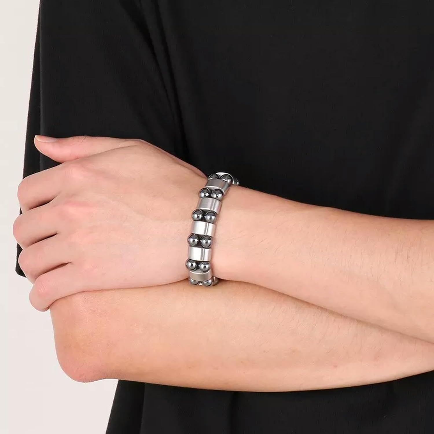Cool Double Gray Iron Stone Bead Stainless Steel Link Chain Bracelet 15mm 8.26''