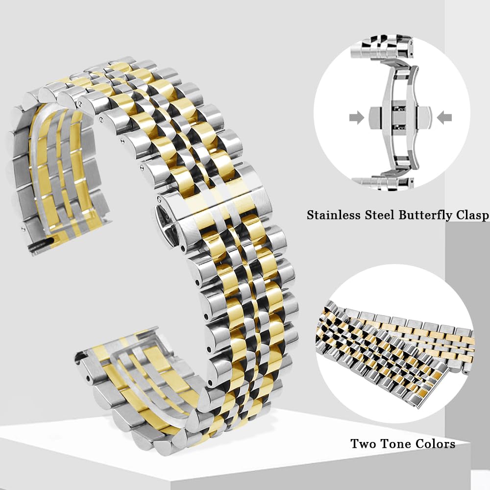 Bracelet de montre en métal brossé poli 20 mm compatible avec Samsung Galaxy Watch 6/5/4/3 en acier inoxydable avec boucle papillon pour homme - Doré/argenté