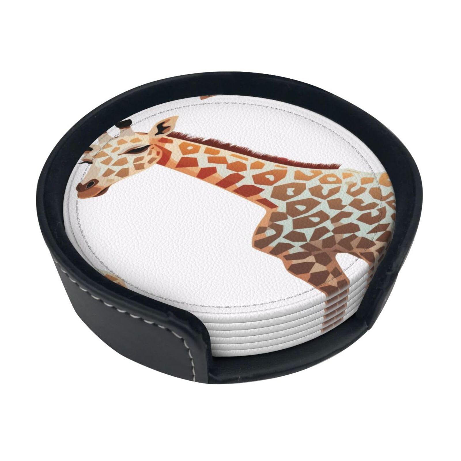Spotted Giraffe Round Leather Coasters (6 Pieces) - Drink Coaster Set For Desk, Modern Easy To Clean Home Office & Farmhouse Coasters
