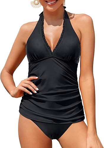 Holipick Traje de baño tankini de dos piezas para mujer, con control de abdomen, cuello halter, con volantes, cuello en V, parte superior tankini