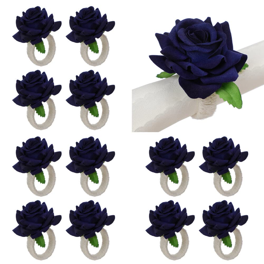 Napkin Rings, 12PCS Rose Napkin Rings Artificial Flower Napkin Holders Napkin Preservation Serviette Buckles Table Napkin Plate Decoration Restaurant Dining Setting (Navy Blue)