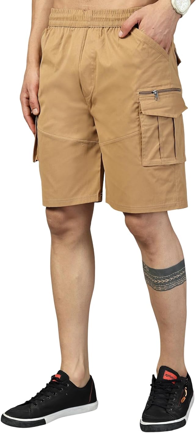 UZARUS Men's Solid Cargo Shorts with Multi-Pockets | Comfortable Cotton Blend Knee-Length Shorts | Casual Outdoor Trekking Wear