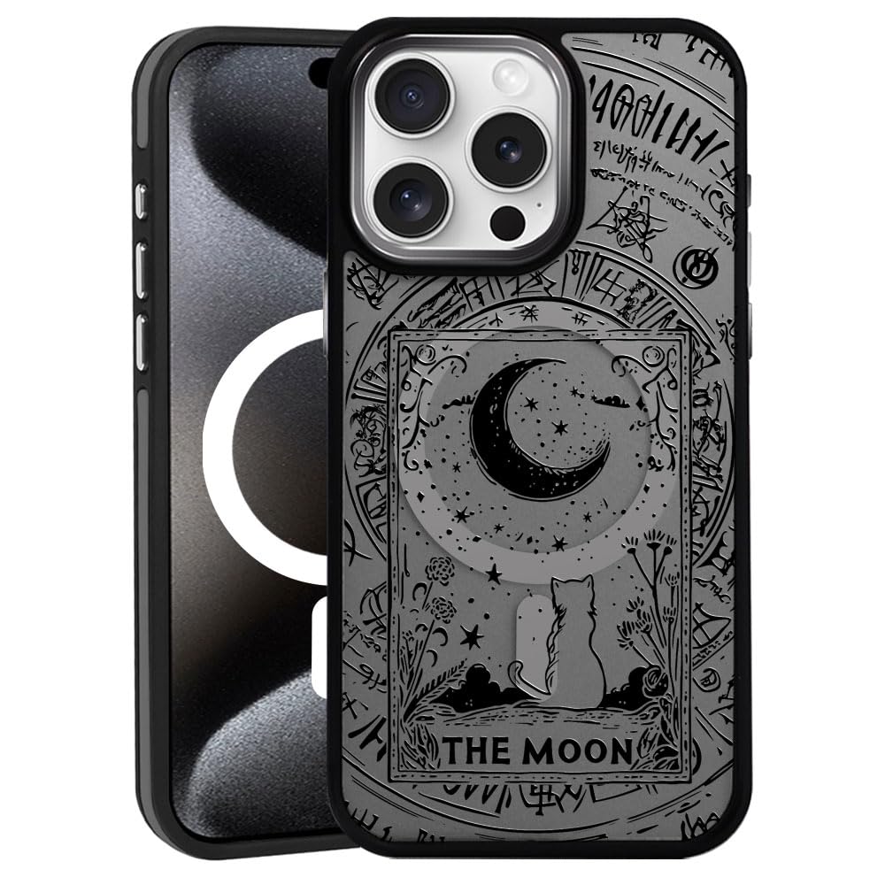 DAIZAG Magnetic Case for iPhone 15 Pro Max, [All-Around Shockproof Corners] [Compatible with MagSafe], Black Translucent Matte Cover,Tarot Card Moon