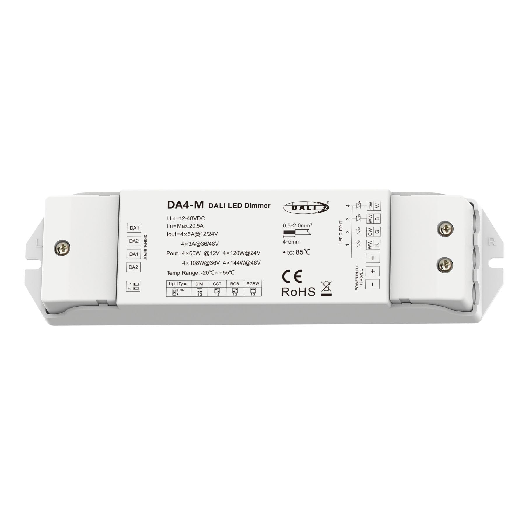 LED Dimmer DALI 4 Canali, Dimmerabile Con Pulsante NO, Push Dim, DALI-2, PWM, 1 Indirizzo, DT6 DT8 per Strisce LED Monocolore CCT RGB RGBW, 4X5A@12V/24V, 4X3A@36V/48V