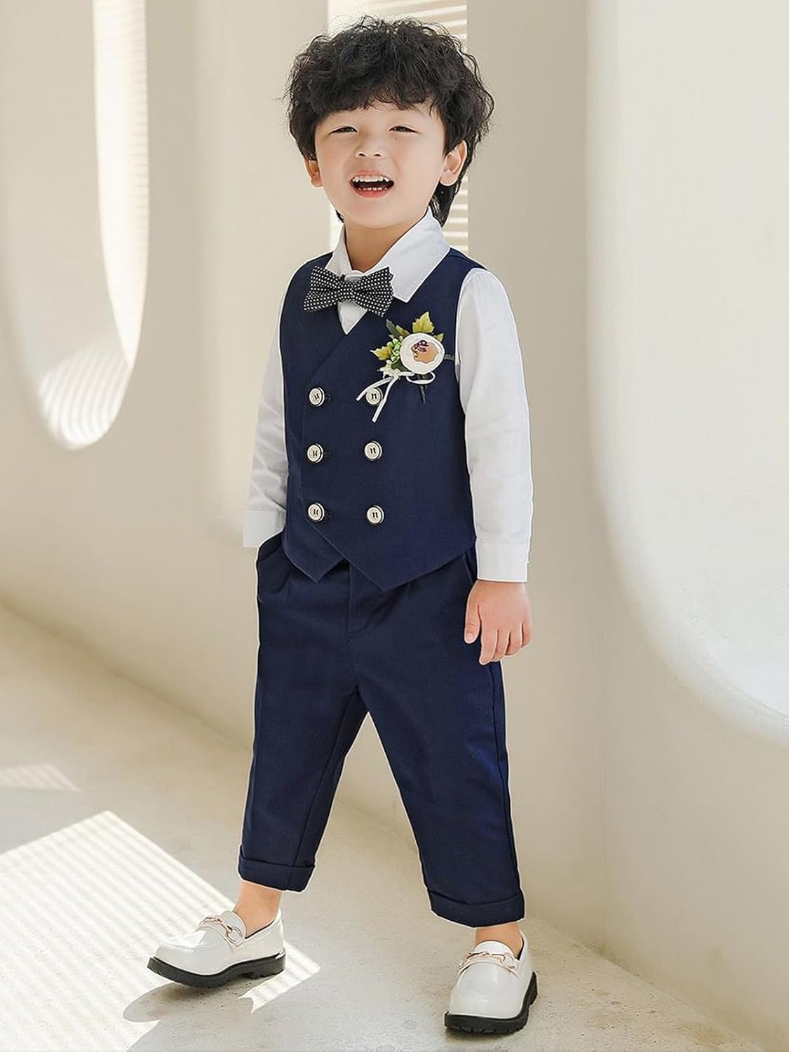 LOLANTA Boys' 4-Piece Formal Suit, Wedding Ring Bearer Outfit Vest Pants with Dress Shirt Bow Tie for Graduation 2-13 Years - Image 3