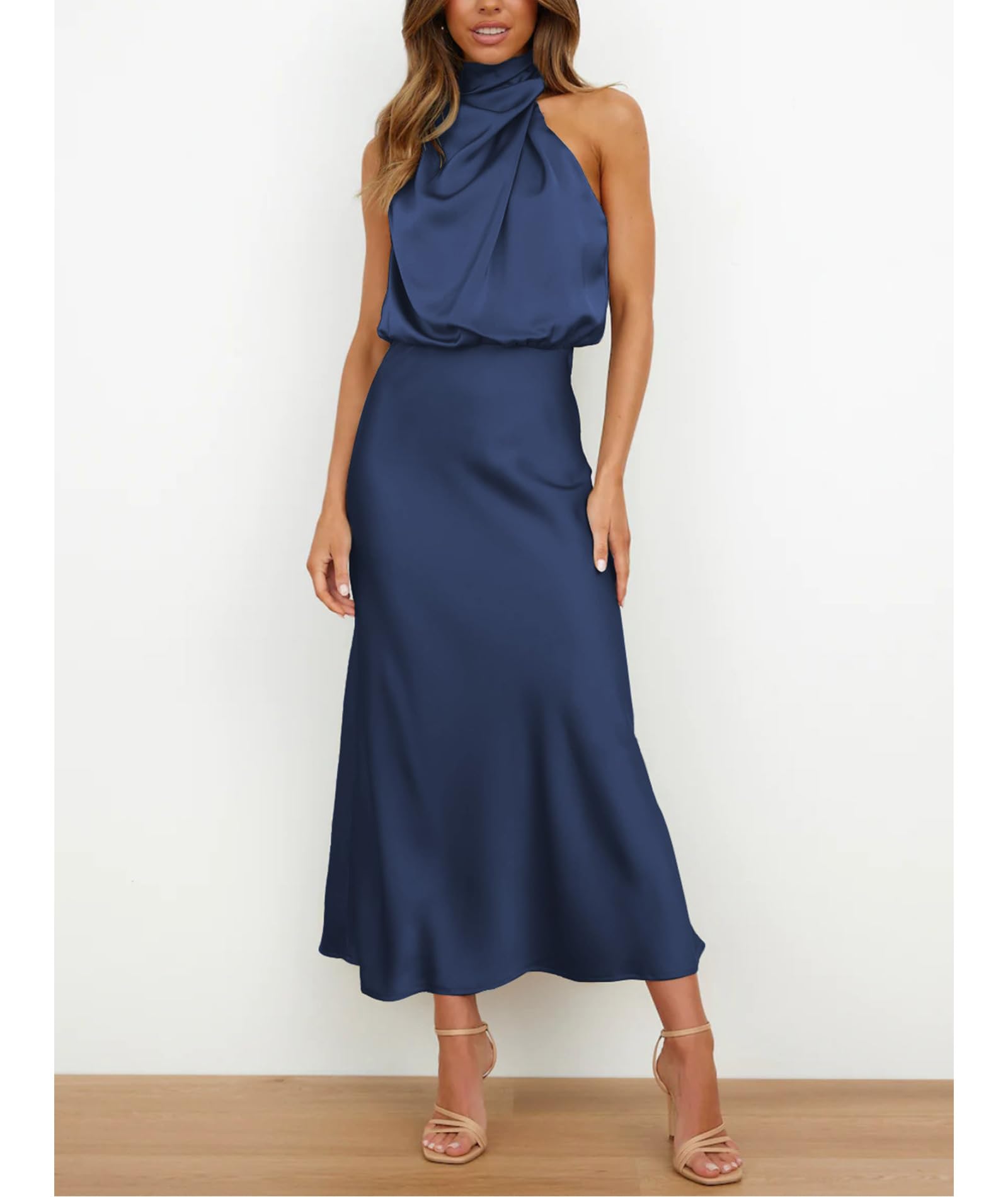 Vestido elegante de satén para mujer, sin mangas, cintura alta, para boda, formal, invitada de boda, cóctel, fiesta, vestido midi