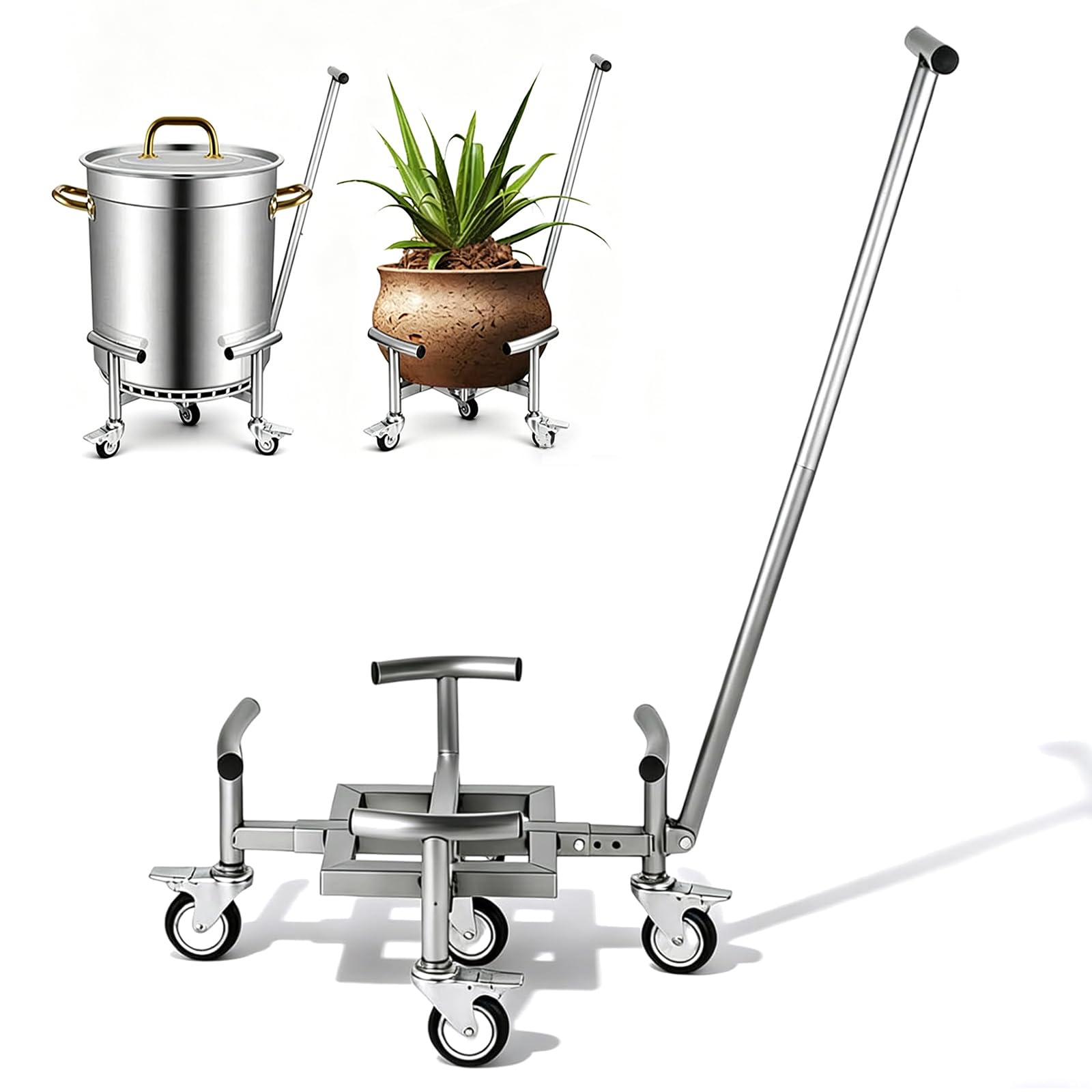 Carrello portavaso resistente, in acciaio inox, con ruote, diametro regolabile, corrimano e 5 ruote, supporta fino a 300 kg