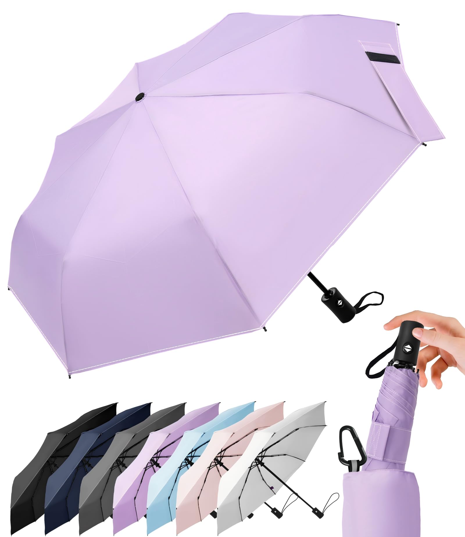 LILAC Regenschirm Klein Stabil Windfest, 110cm Taschenschirm Auf-Zu-Automatik, Kompakter Reiseschirm mit Klettverschluss & Karabiner, Leicht Faltschirm für Damen Herren