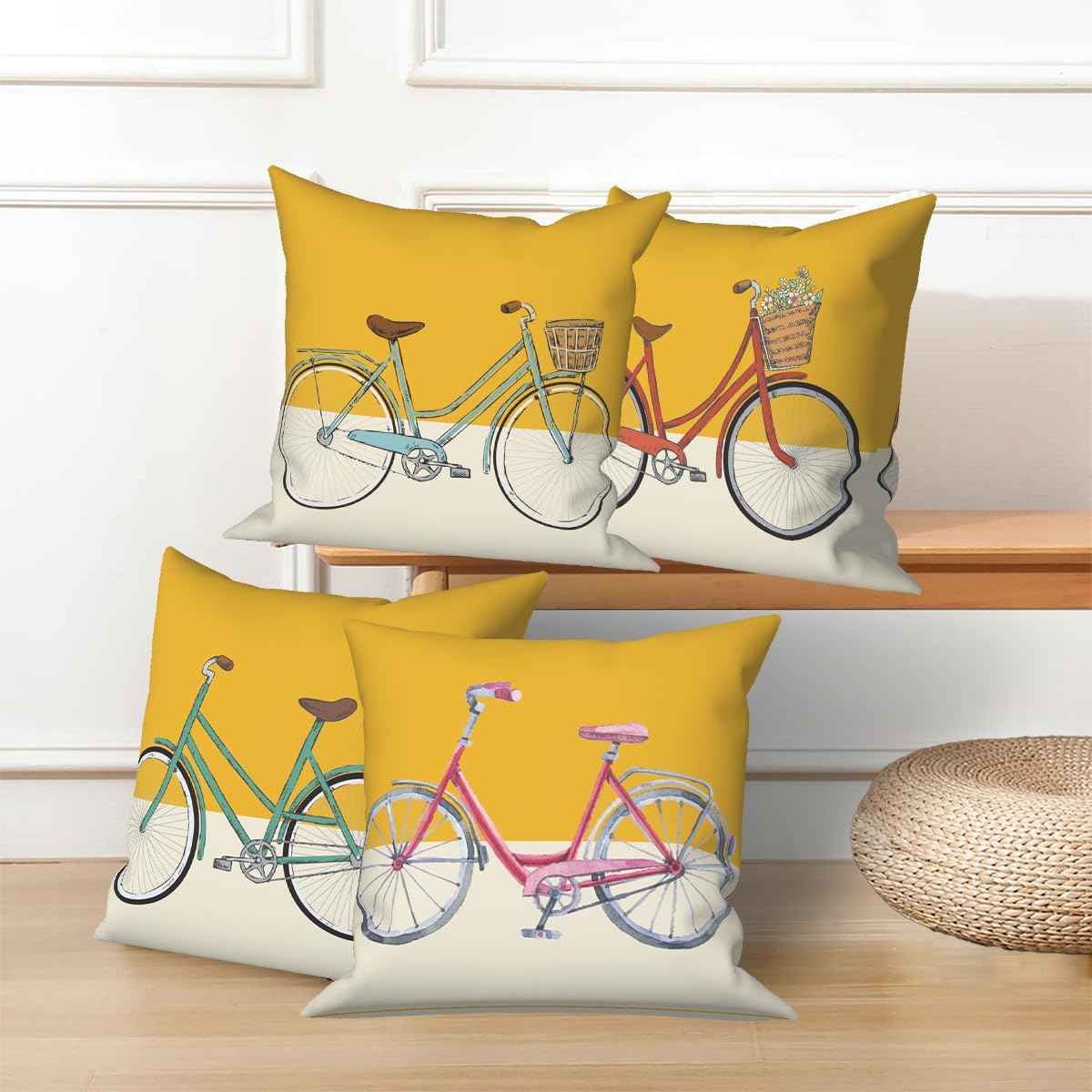 Vintage Bicycle Throw Pillow Covers 18''x18'' Set of 4, Yellow Geometric Cushion Covers Rustic Spring Outdoor Pillow Covers for Couch Sofa Home Bedroom Farmhouse Livingroom Patio Car