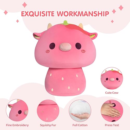 Miniatura 3 de Almohada de peluche de vaca de fresa de 14 pulgadas, almohada suave de peluche, animales de peluche Kawaii de vaca fresa, lindos juguetes de