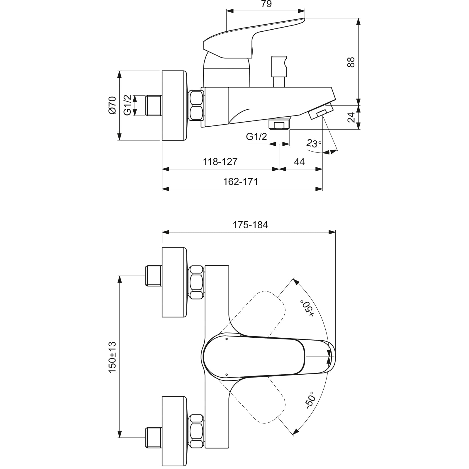 Ideal Standard Ceraflex Badearmatur, langlebige Duscharmatur mit Temperaturbegrenzer, 20 l/min (3 bar), Aufputz-Montage, universeller G-1/2-Anschluss – Chrom (207x175x123 mm)