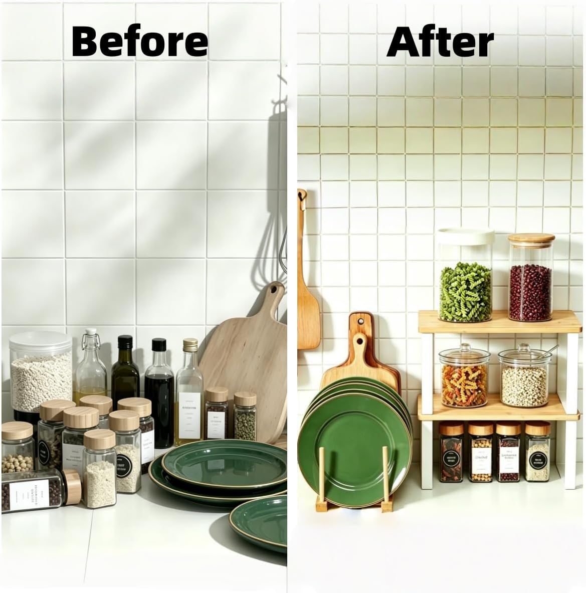 4 Pcs Plate Organizer for Cabinet, Plate and Bowl Organizer for Cabinet , Cabinet Organizer Shelf and Bamboo Dish Drying Plate Rack Counter Shelves Storage Holder for Spice Rack, Dish, Pot Lid, Bowl