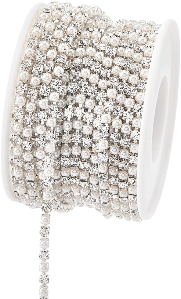 FINGERINSPIRE 10 Yards Rhinestone Pearl Cup Chain Trim 3mm Wide Golden Brass Chain with Imitation Pearls & Clear Rhinestones on Spool for Sewing, Clothing Embellishment, Wedding Decor & DIY Crafts