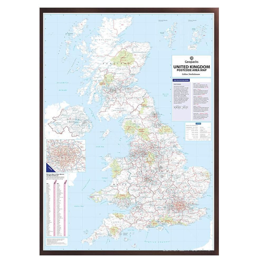 UK Postcode Wall Map - Laminated Large Wall Map - 120cm X 83cm - Clearly Shows Postcode, County And District Boundaries, Main Roads, Cities, Towns And Villages (Laminated With Dark Wood Frame) โ image 1