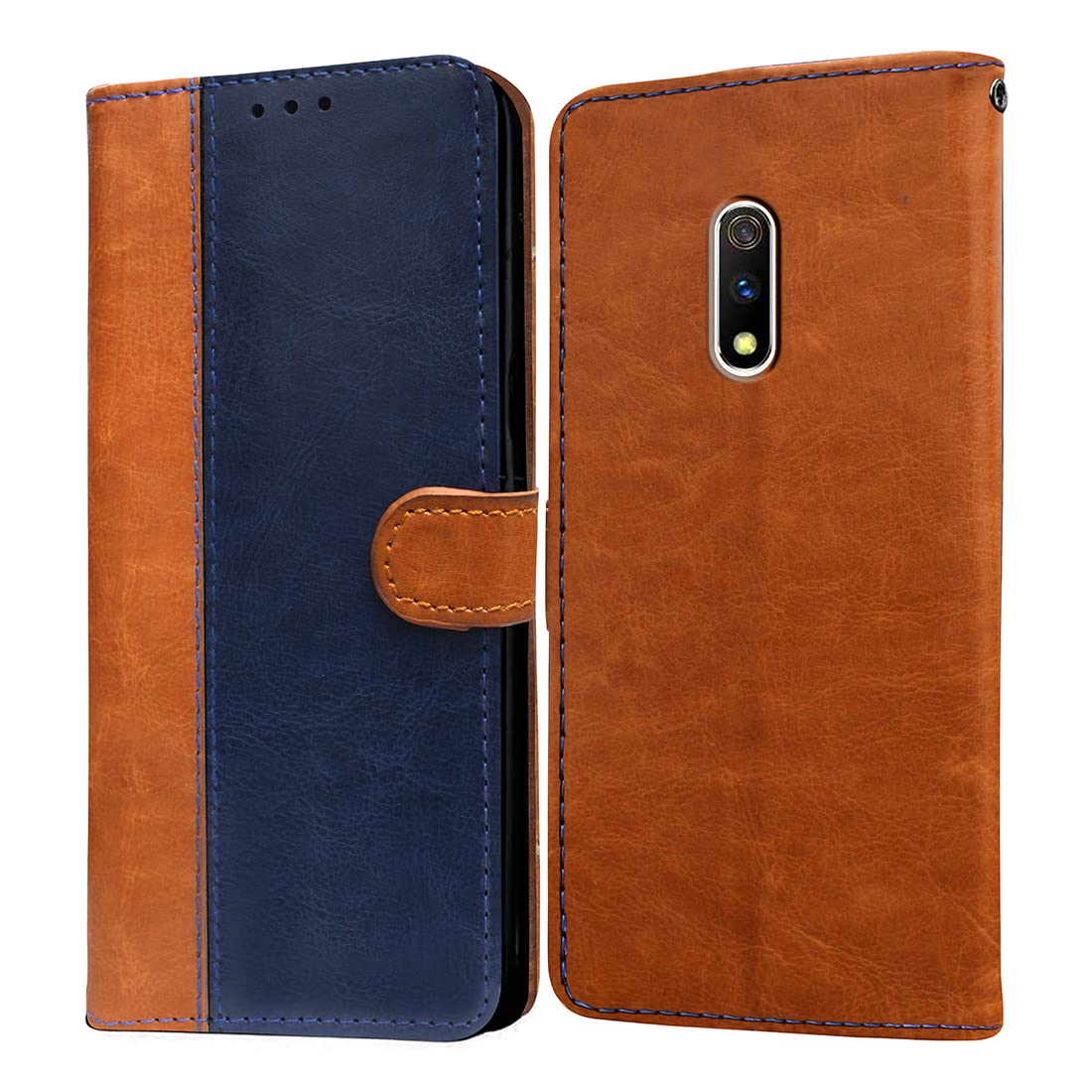 Casotec Flip Cover for Realme X | Premium Leather Finish | Inbuilt Pockets & Stand | Flip Case for Realme X (Camel and Blue) (B0B9YNFGG4) Amazon Price History, Amazon Price Tracker