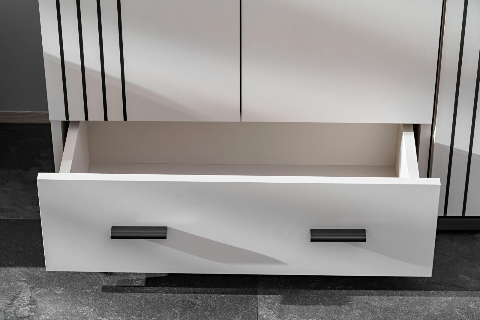 Deconation Hugo Vii - Mueble de entrada con espejo, armario y cojín de asiento, madera Mdf de cachemira y negro, 180 x 203 x 32 cm