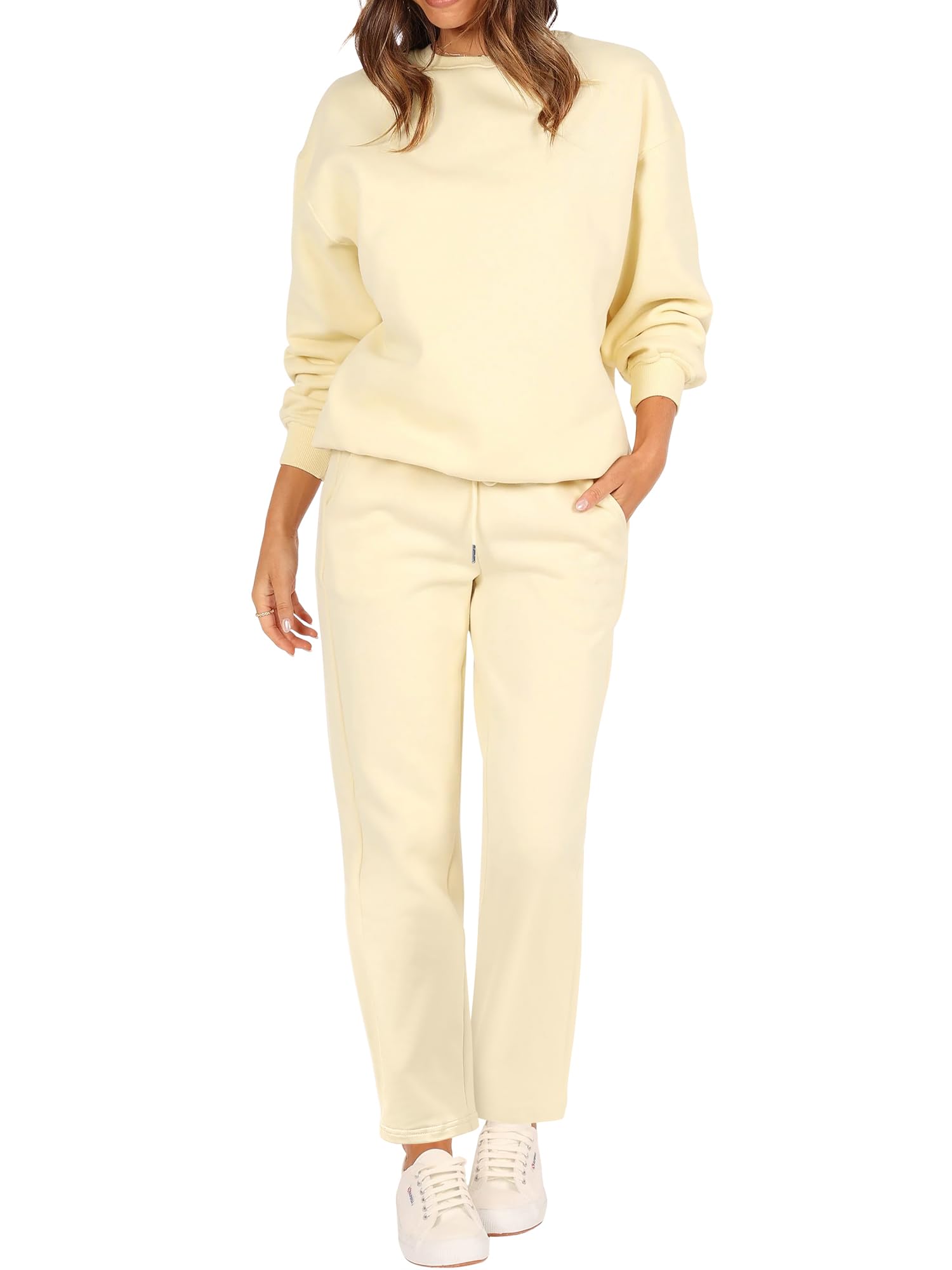 FUPHINELounge Sets for Women 2 Piece Outfits Sweater Sweatshirts Wide Leg Pants with Pockets Apricot Small