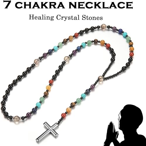 Vista 61 de Tiger Eye Cross Necklace for Men, Obsidian Necklace, Hematite Cross Pendant Lava Rock Rosary Healing Crystal Necklaces