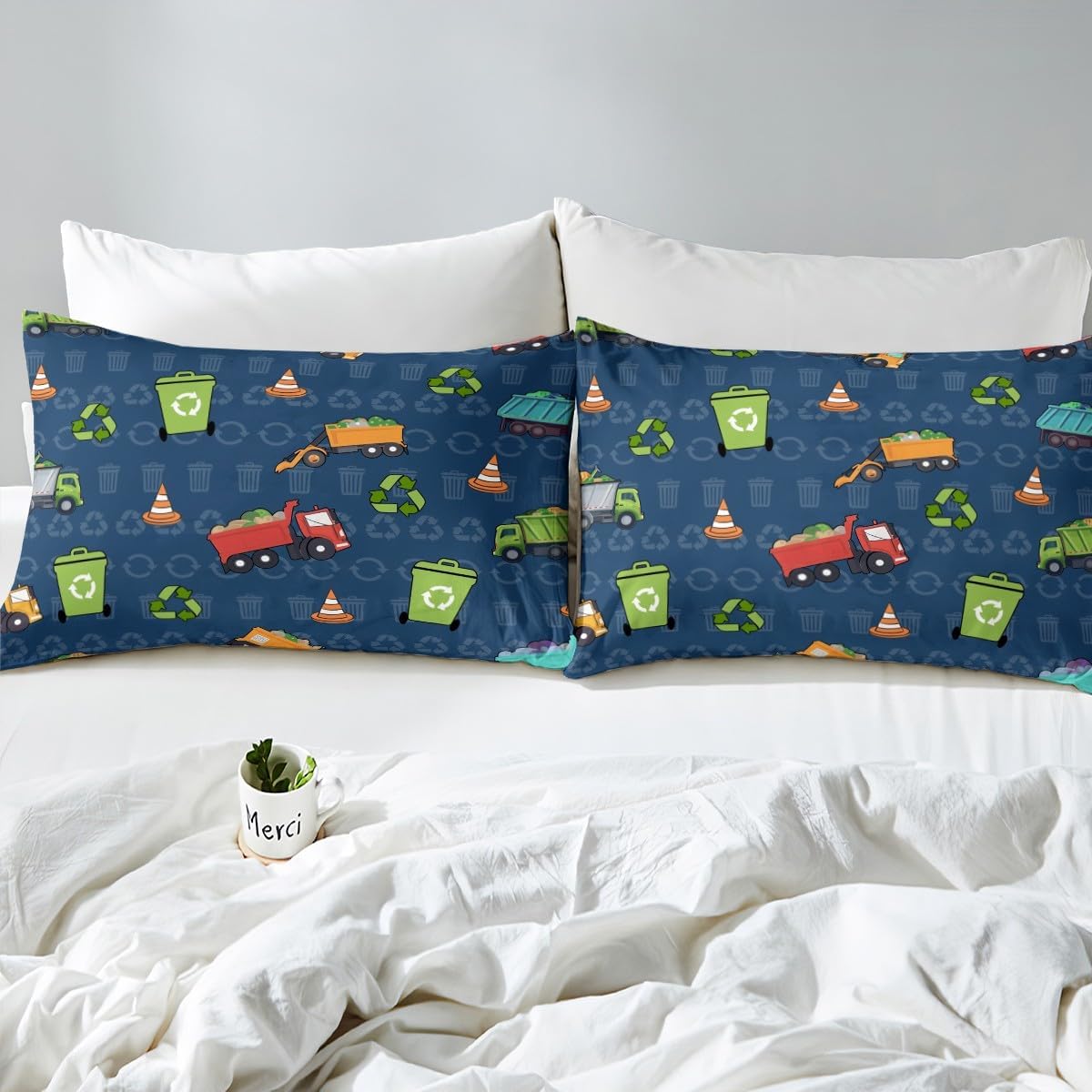 Erosebridal Kids Bedding Full Size Garbage Truck Comforter Set, Cartoon Car Vehicles Bedding Comforter Sets for Boys Girls Trash Waste Management Vehicle Duvet Set Refuse Classification Quilt 3Pcs