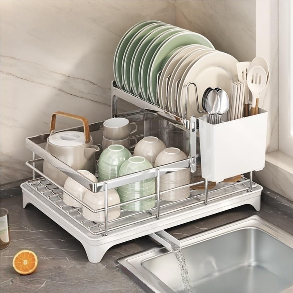 Goxyffmnv Dish Storage Rack, Kitchen Cutlery Rack, Multi-Layer Drain Rack, Metal Dish Rack, Multifunctional Storage Stand for Kitchen, Dining Room(Silver)