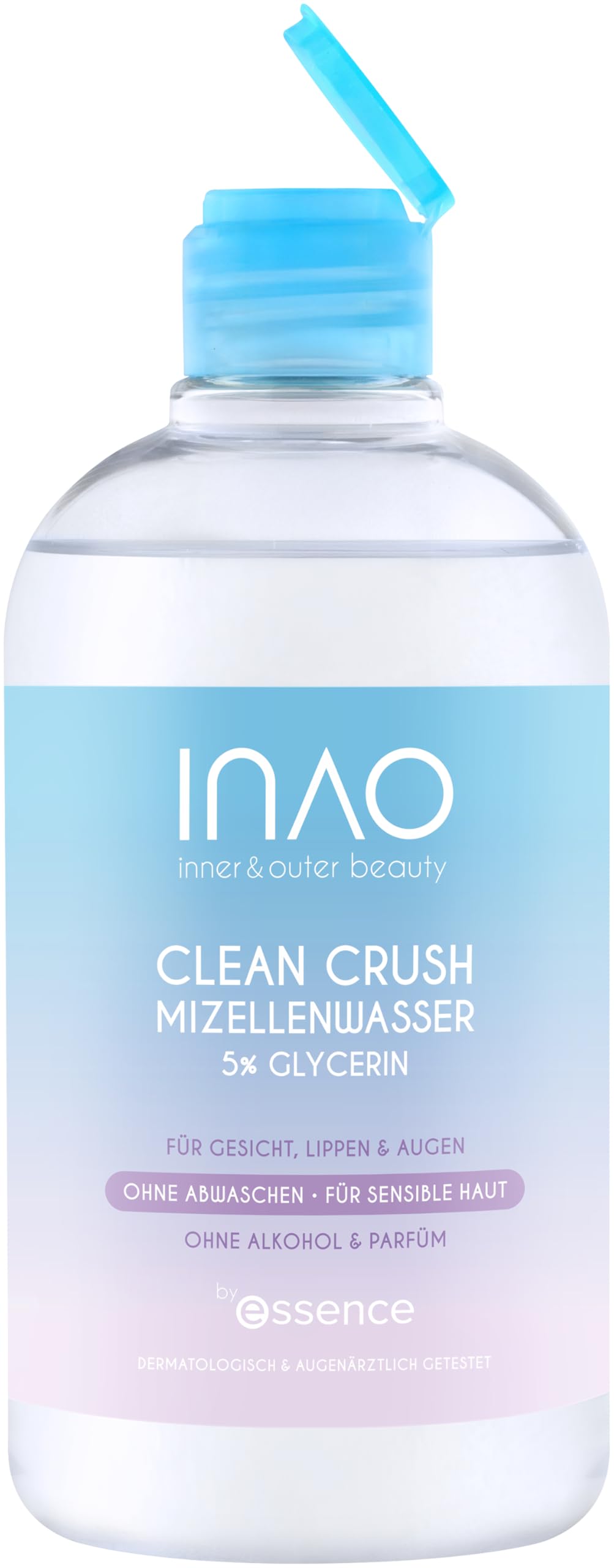 essence INAO inner and outer beauty Clean Crush Mizellenwasser by essence, Gesichtsreinigung, für sensible Augen/Haut, vegan, ölfrei, ohne Parabene, ohne Mikroplastikpartikel, 1er Pack (500ml)