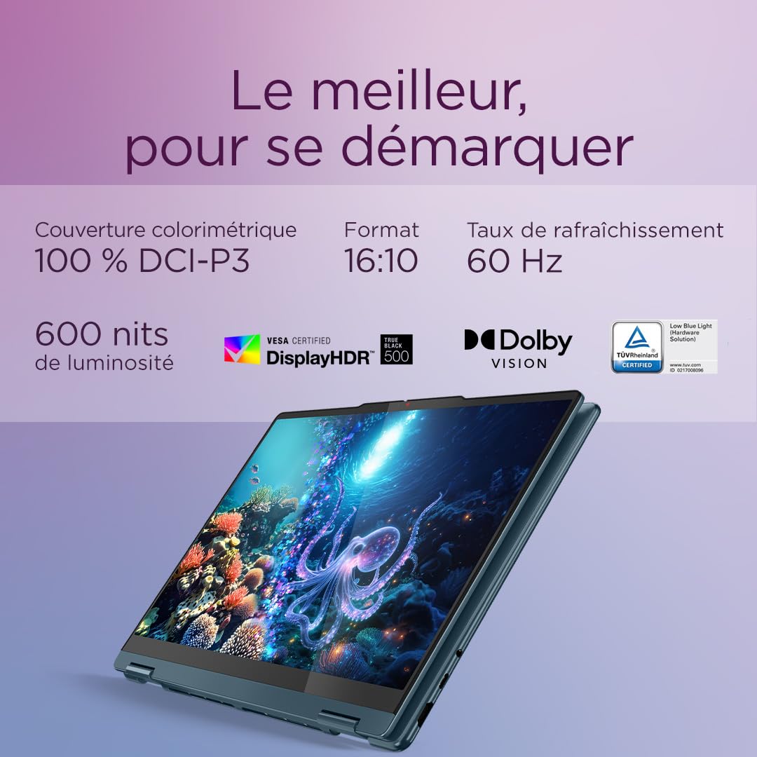 Lenovo Yoga 7 2-in-1 14AKP10 - Ordinateur Portable 2-en-1 14'' OLED Tactile Copilot+(AMD Ryzen AI 7 350, RAM 16Go, SSD 512Go, AMD Radeon 860M, Windows 11 Home) Clavier rétroéclairé AZERTY - Tidal Teal