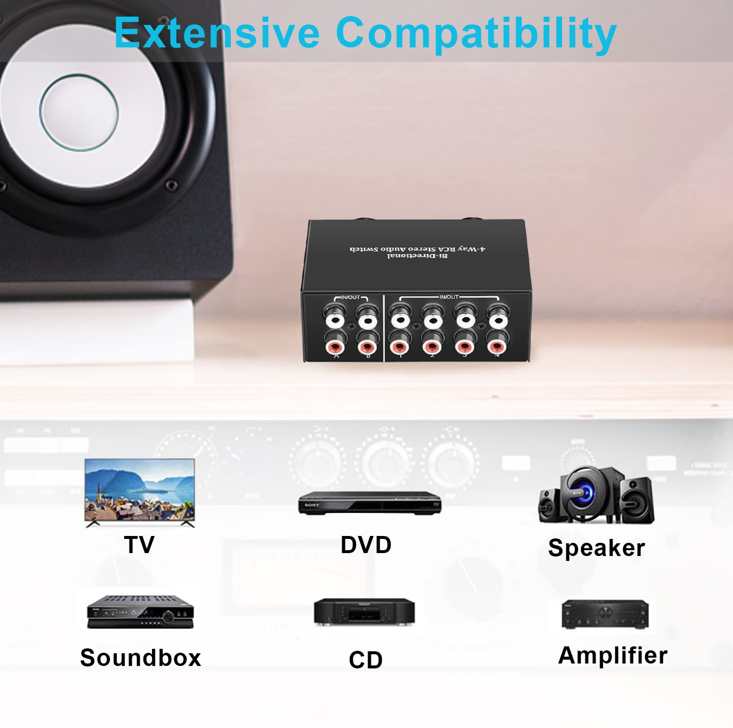 4-Way Stereo Audio Switcher, Bi-Directional Audio Selector Box for Blu-ray Players or DVD Players Active Speakers (2In-4Out/4In-2Out)