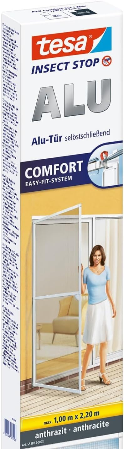 Tesa 55192-00003-00 Moskitera, Antracyt, 1,0m x 2,2m & tesa Zestaw adapterów moskitiery Insect Stop do drzwi ALU COMFORT - antracyt