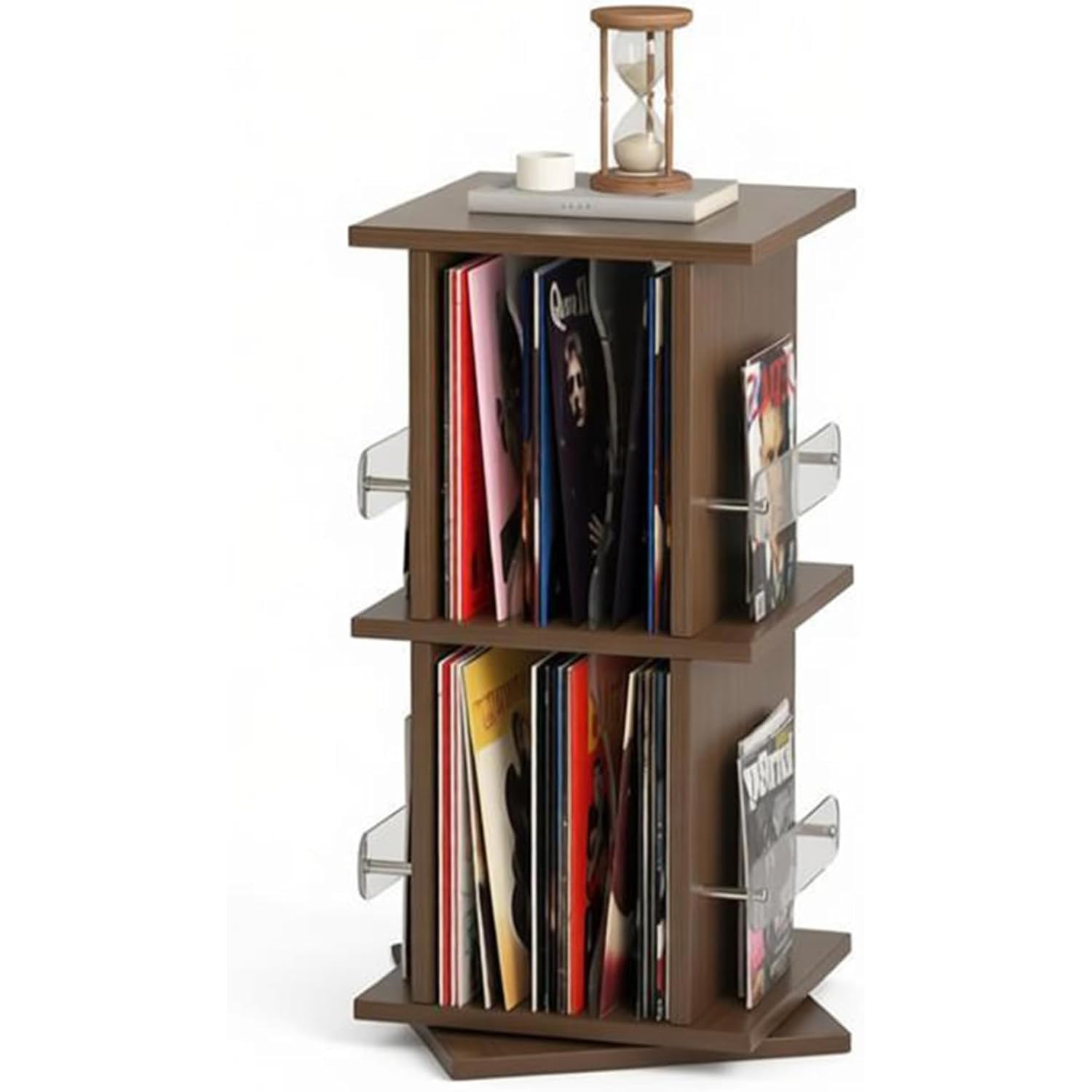 Support vinyle bois rotatif 360° à 2 niveaux pour 56 disques et livres