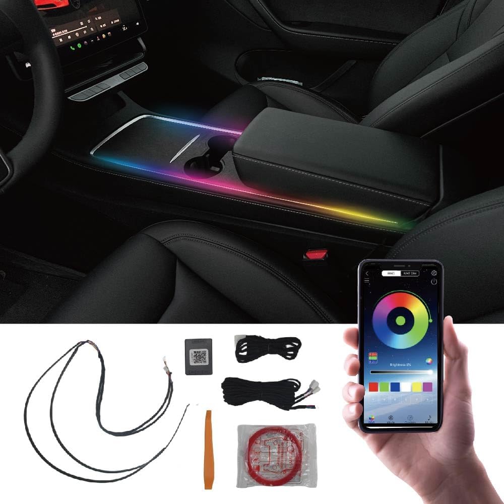 Shadow Center Console Ambient Light for Tesla Model 3(2021~2023) & Model Y(2021~2024) Interior Lighting - 21.65 inch Armrest RGB Lighting Strip, ECU Integration and Auto Power Off