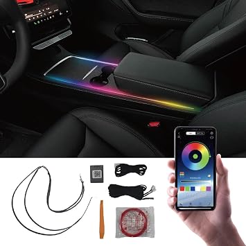 Shadow Center Console Ambient Light for Tesla Model 320212023 & Model Y20212024 Interior Lighting - 21.65 inch Armrest RGB Lighting Strip, ECU Integration and Auto Power Off