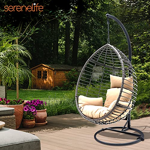 Serenelife Hanging Egg Indoor Outdoor Patio Wicker Rattan Lounge Chair With Stand, Steel Frame, Uv Resistant Washable Cushions For Garden Backyard Deck Sunroom, Black+Brown #TOP6