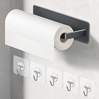 Darryy Hushållspappershållare utan borrning grå med fem transparenta krokar, köksaccessoar, hushållspappershållare, väggpa...