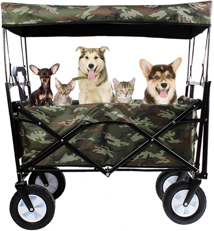 Collapsible Folding Wagon Cart,Utility Garden Cart Collapsible Outdoor Trolley with Sun/Rain Shade,80 kg/176 Pounds Capacity,Push Bar for Shopping,Beach,Lawn,Sports Shopping Trolley(A)(A)