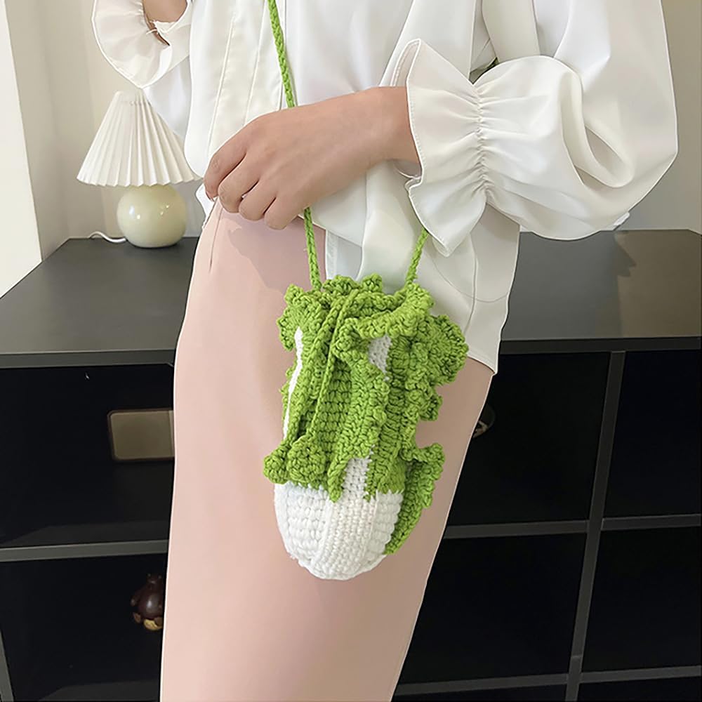 Handmade Knitted Purse Cabbage Shape Shoulder Bag for Women Wool Knitted Crossbody Bag with Drawstring