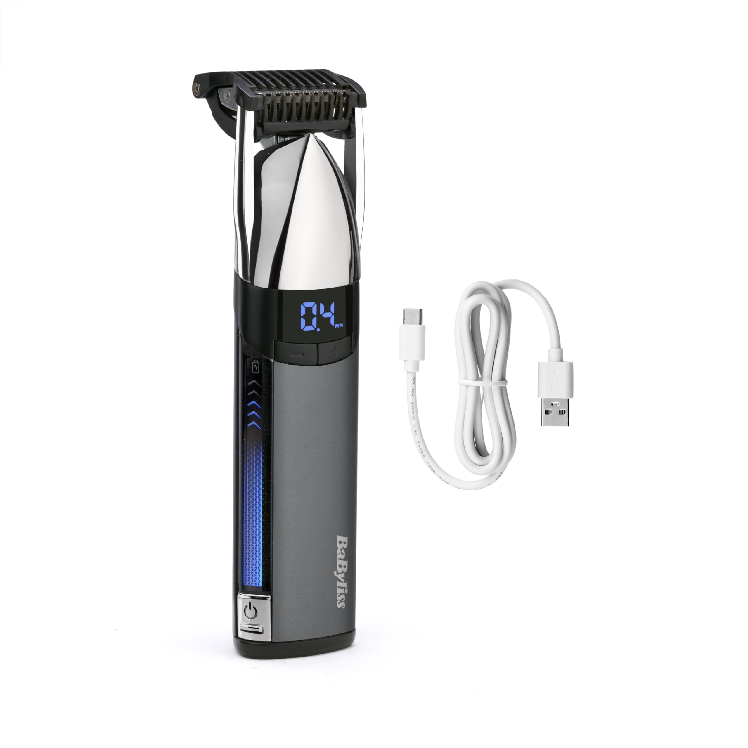BaByliss Super‑X Cortabarbas Stubble – Cortabarbas impermeable con cuchillas de acero japonés, control motorizado (0,4–5 mm), pantalla digital, batería de litio, 90 minutos de autonomía, S996E