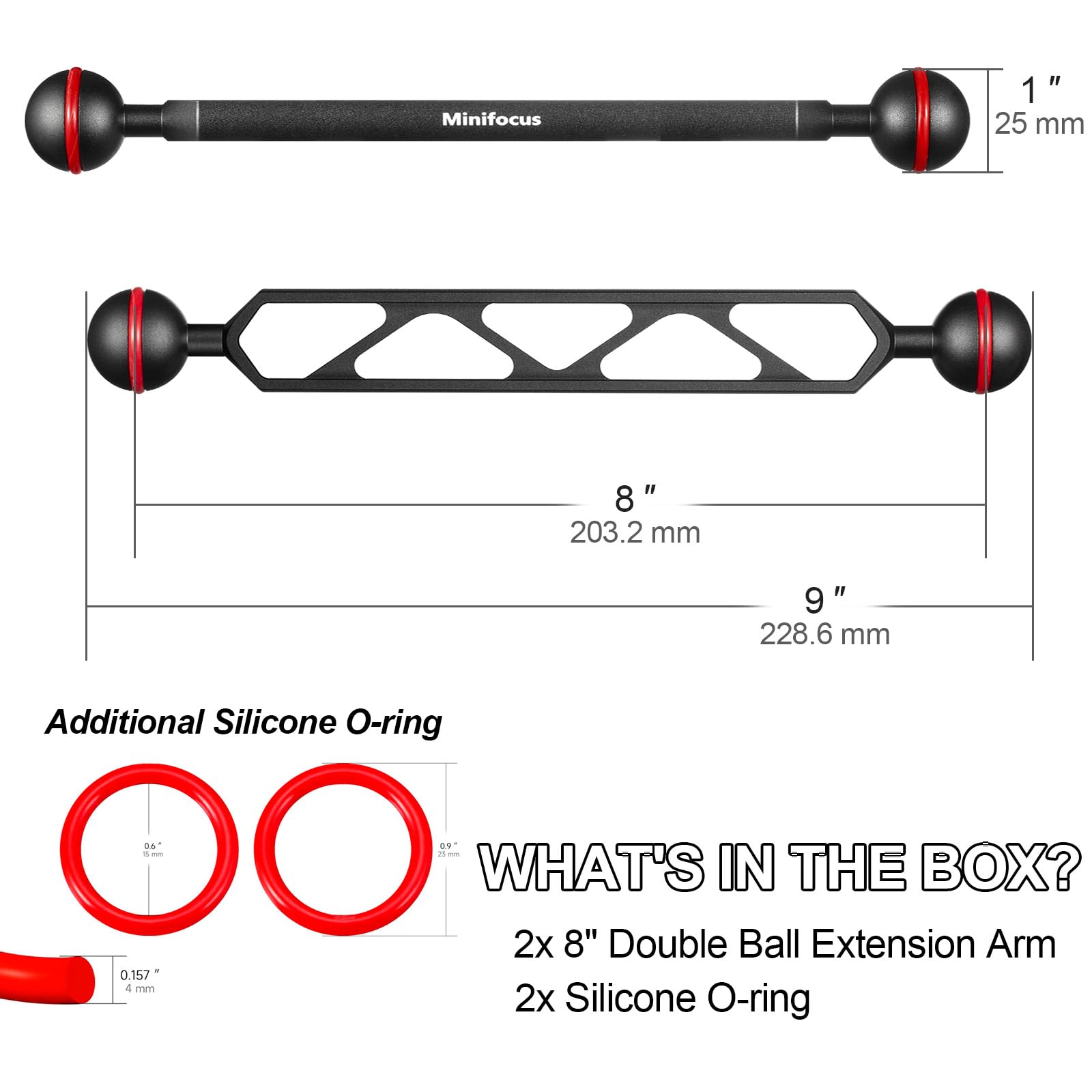 Bras d'extension en Aluminium à Double rotule 8" connecteur de rotule 1" Bras CNC sous-Marin Extension de rotule pour Stroboscope lumière vidéo (2pack)