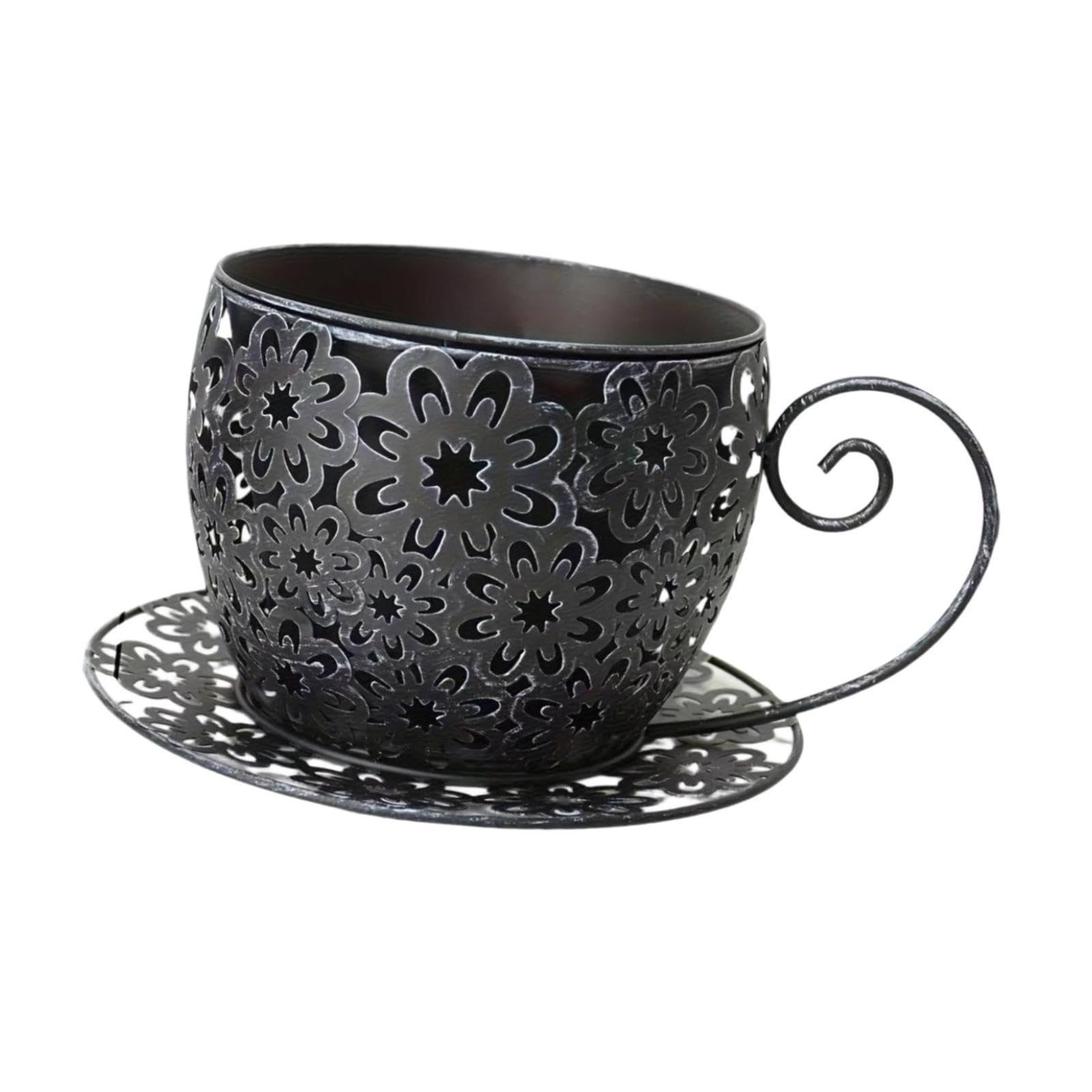 F Fityle Vaso da Fiori a Forma di Tazza da tè, Vaso Decorativo Antico in Metallo Cavo per Piante, Ideale per L'Estate, Balcone, Stile Rustico, Patio e, Nero