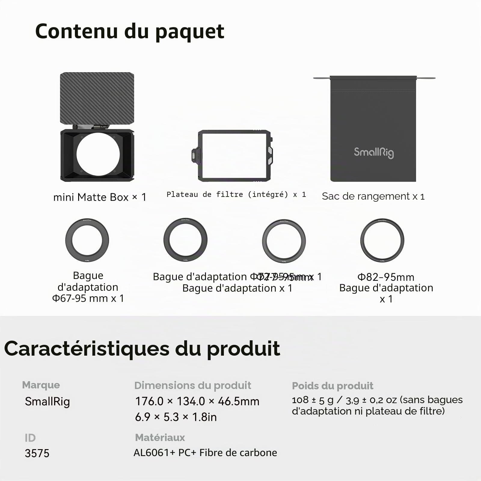 SMALLRIG Mini Matte Box Lite avec Plateau de Filtre à Drapeau Supérieur Compatible avec Les Objectifs 67mm/72mm/77mm/82mm/95mm pour Reflex Numériques et Camera sans Miroir - 3575