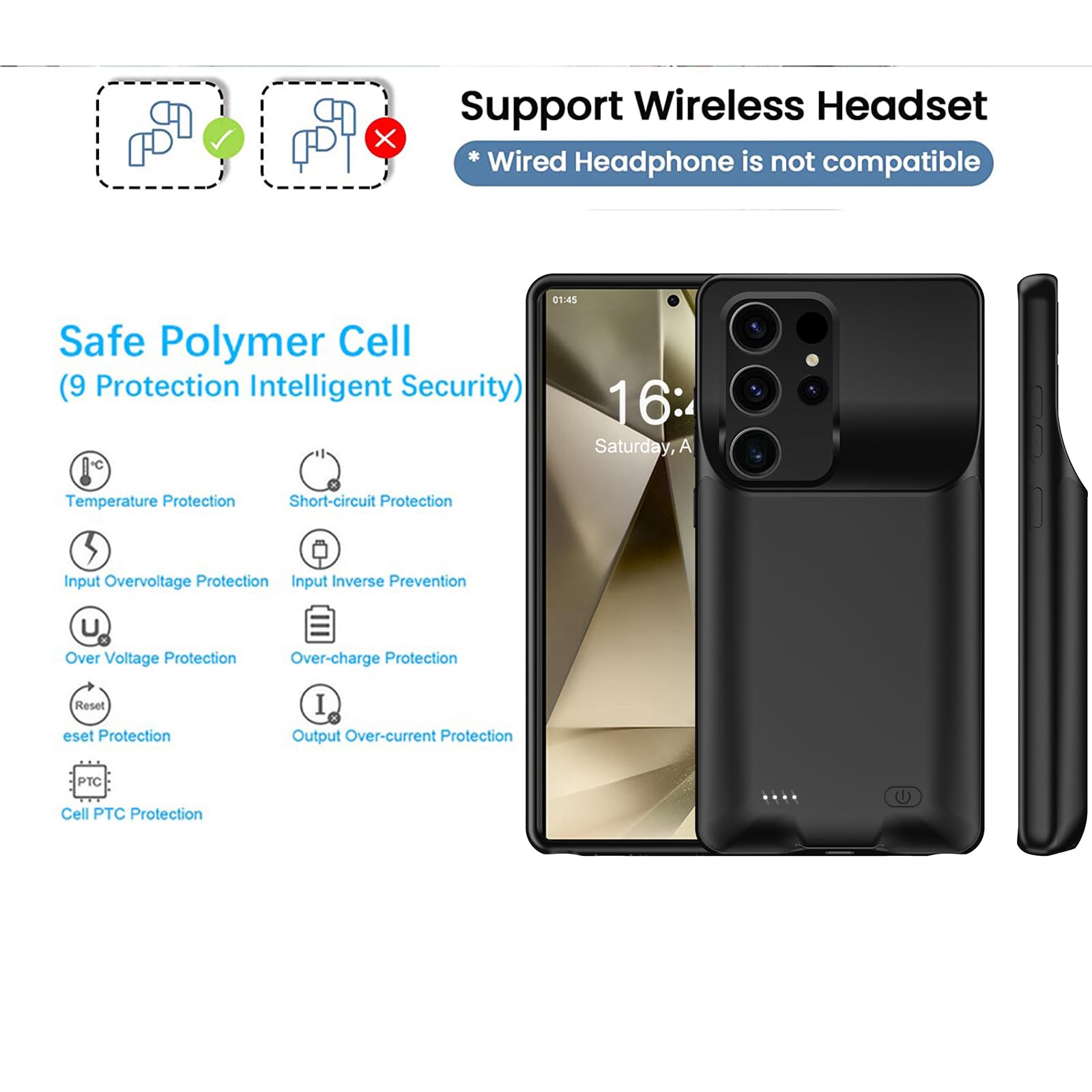 Etui na baterie 10000mAh do Samsung Galaxy S24 Ultra ładowalna obudowa ładująca, przenośna obudowa baterii do Samsung Galaxy S24 Ultra 5G czarna obudowa zasilania