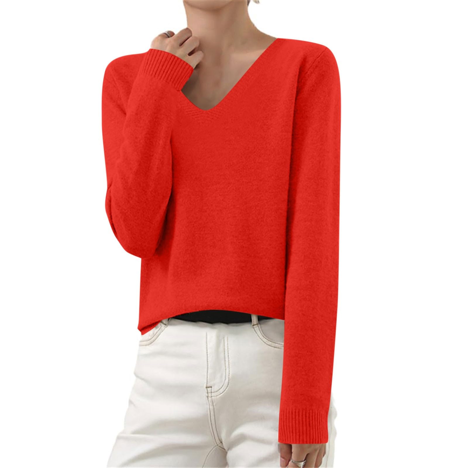 Womens Sweaters Pullover - Dressy Casual Cashmere Sweater Long Sleeve Lightweight Soft V Neck Basic Knit Top