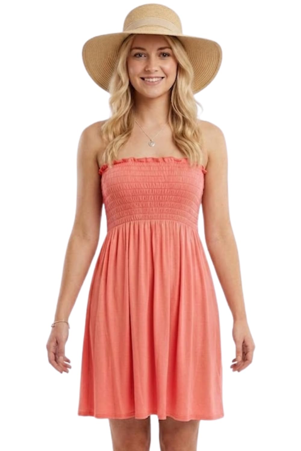 NAZ Fashion Women Ladies Sheering Gather Bandeau Boobtube Plain Top Mini Dress Coral UK 12 to 14