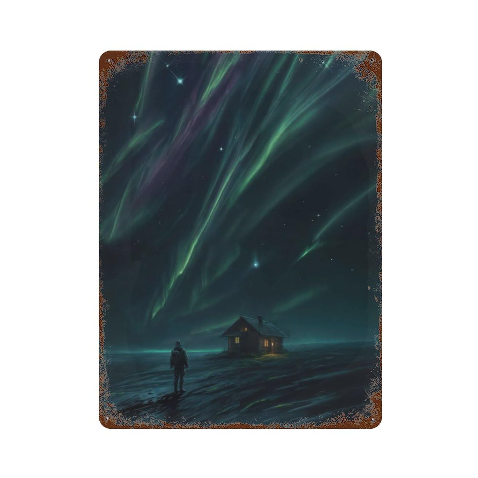 Rust Effect Aurora Gazing Rusty Metal Tin Sign 15.7"x11.8", Old School Wall Decor for Basement, Hobby Room And Garage Decor