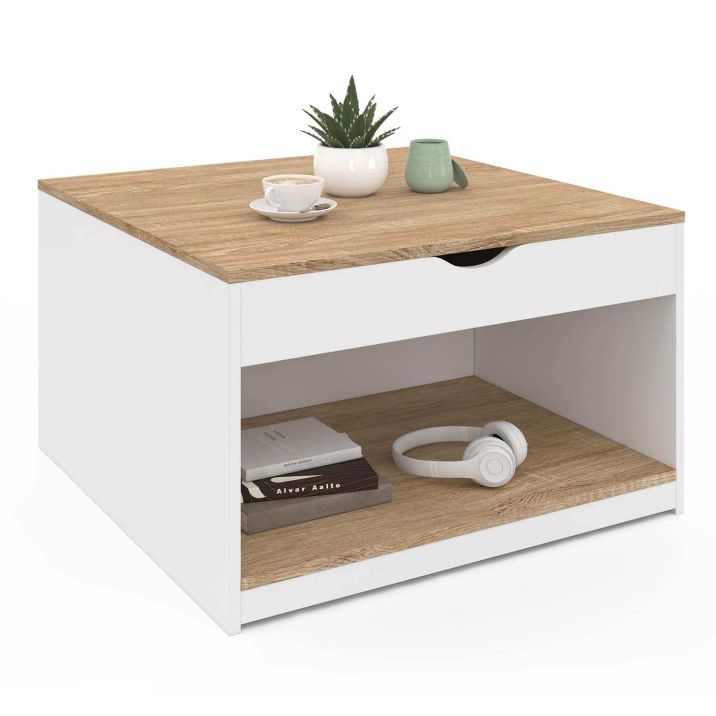 IDMarket - Table Basse Plateau relevable carrée ELEA avec Coffre Bois Blanc et façon hêtre