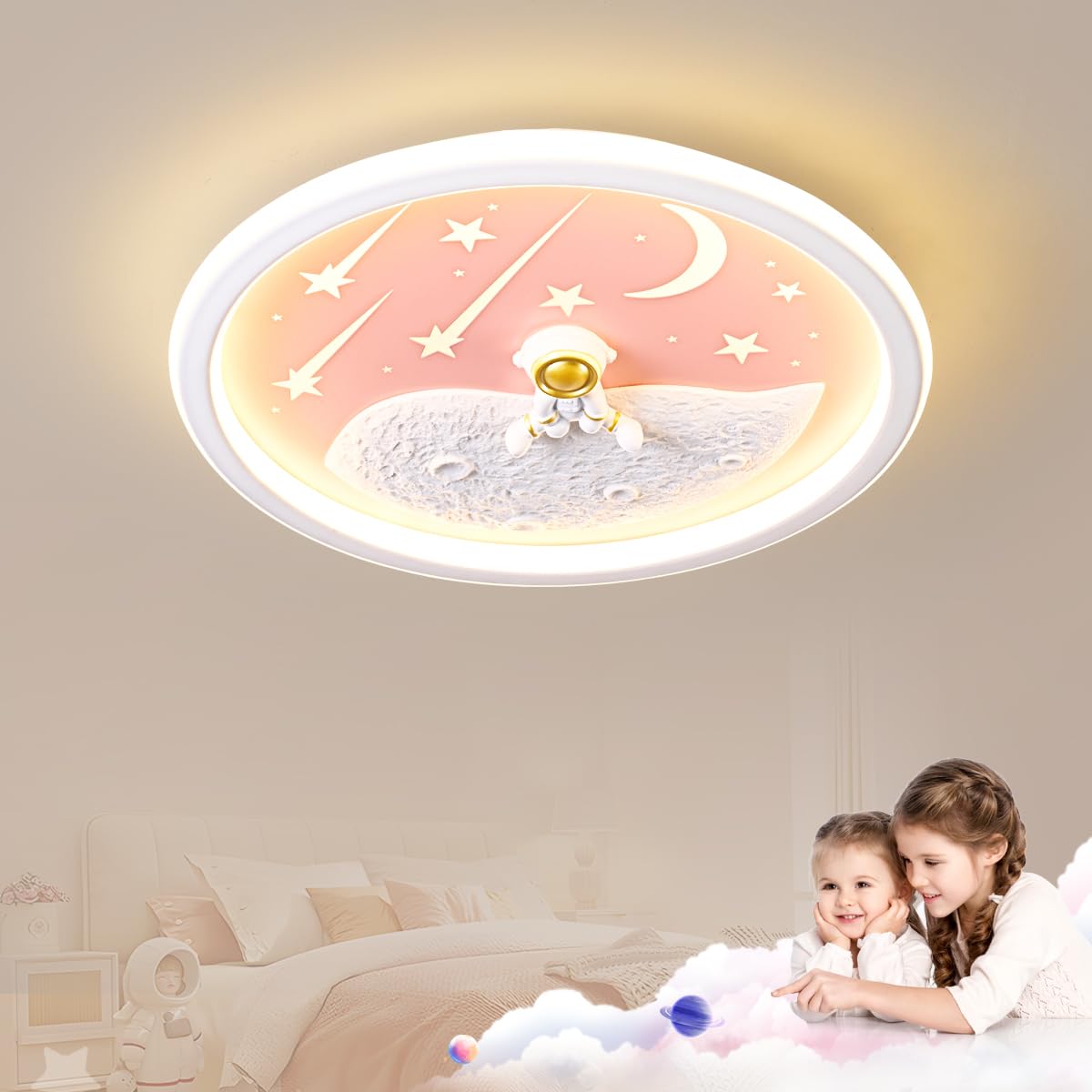 LED Kinder Deckenlampe, Astronaut Mond Deckenleuchte Dimmbar Mit Fernbedienung, Schlafzimmer Decke Kindergarten Beleuchtung Junge Mädchen Kinder Lampen Decke Kinderzimmer Schlafzimmer Lampe, 50cm Rosa